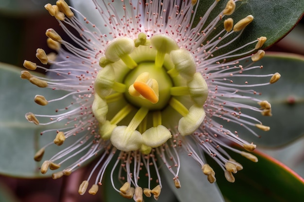 Closeup of eucalyptus flower with its intricate details and petals in full view