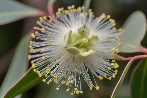 Closeup of eucalyptus flower with its intricate details and petals in full view