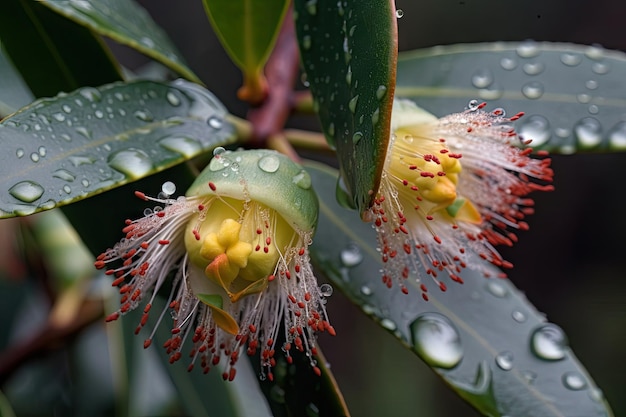 Closeup of eucalyptus flowers with droplets of morning dew