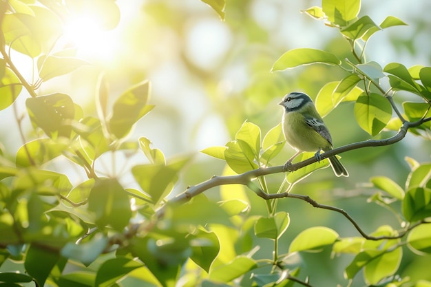 Closeup of a eurasian blue tit standing on a branch under the sunlight