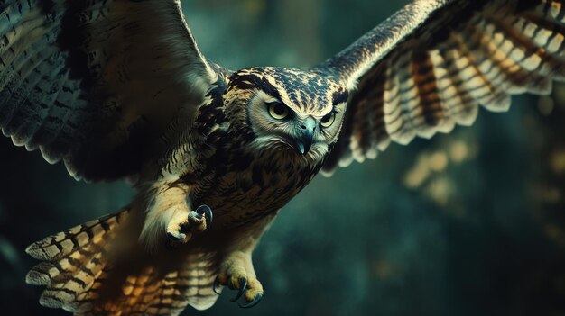 Photo closeup of a eurasian eagleowl in flight