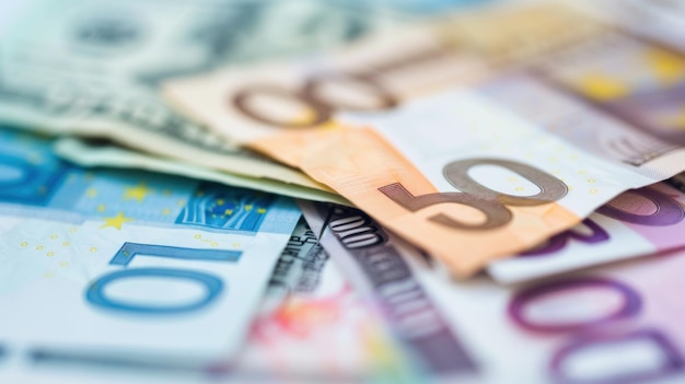 Photo closeup of euro banknotes in various denominations european currency and finance concept