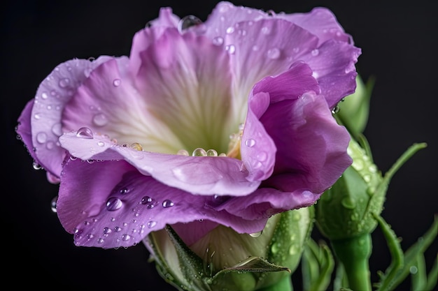 Closeup of eustoma bloom with dew drops surrounded by delicate foliage