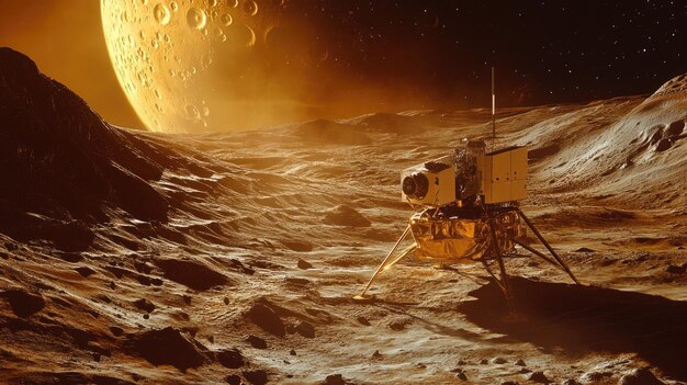 Photo closeup exploration space probe landing on alien planet detailed terrain texture and probe features revealed