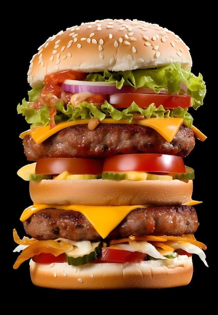 Closeup of extra tall hamburger with delicious ingredients