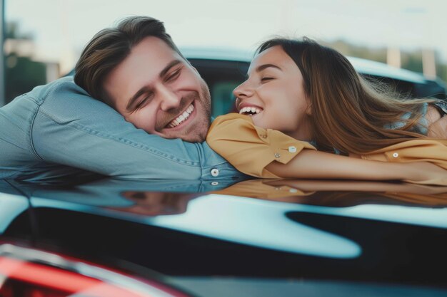 Photo closeup of extremely satisfied happy caucasian young couple family husband and wife hugging embracin