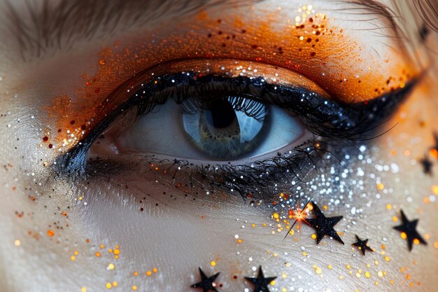 Photo closeup of an eye adorned with intricate halloween makeup including celestial motifs like black st