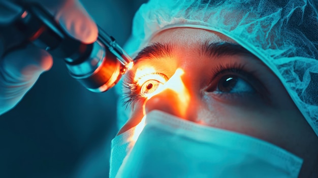 Photo closeup of an eye examination showcasing the detailed procedure with medical equipment and a professional in a healthcare setting