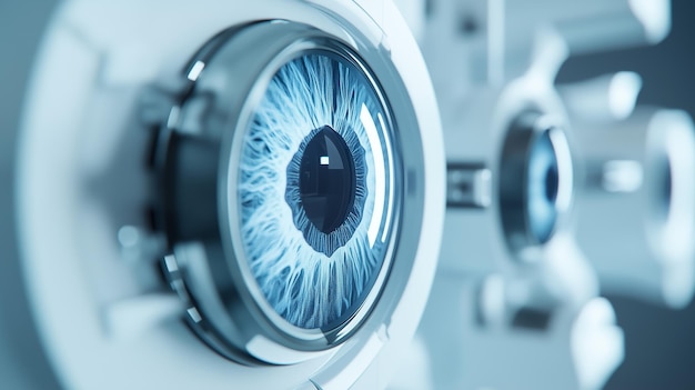 Photo closeup of an eye examination tool showcasing a detailed blue iris in an optical clinic setting