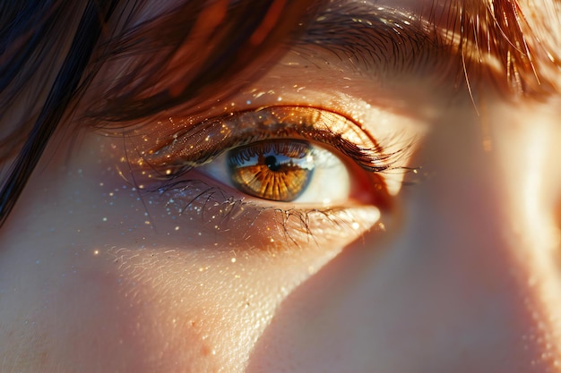 A closeup of the eye focusing on its shape and texture illuminated by natural sunlight the person