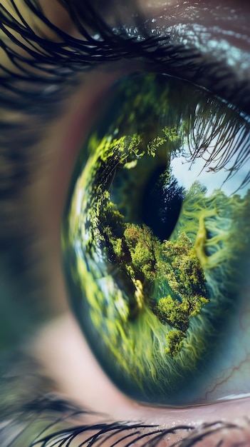 Photo closeup of an eye reflecting a lush green forest nature concept