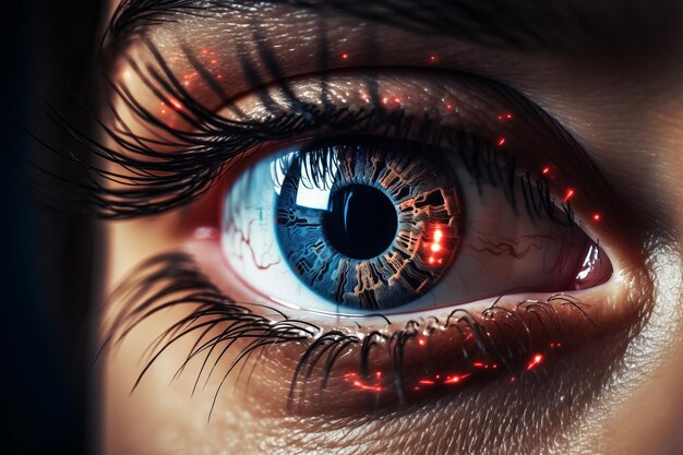 closeup of an eye with artificial intelligence in the retina Future technologies for recognizing the environment through scanning with AI built into the eyes