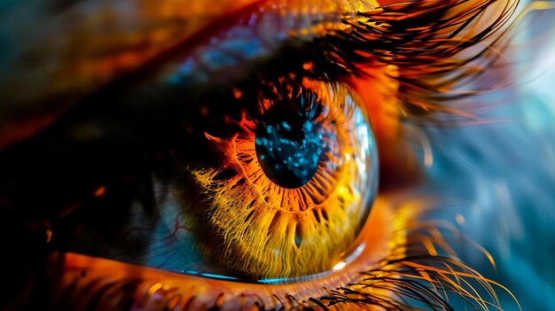 A closeup of an eye with a yellow iris