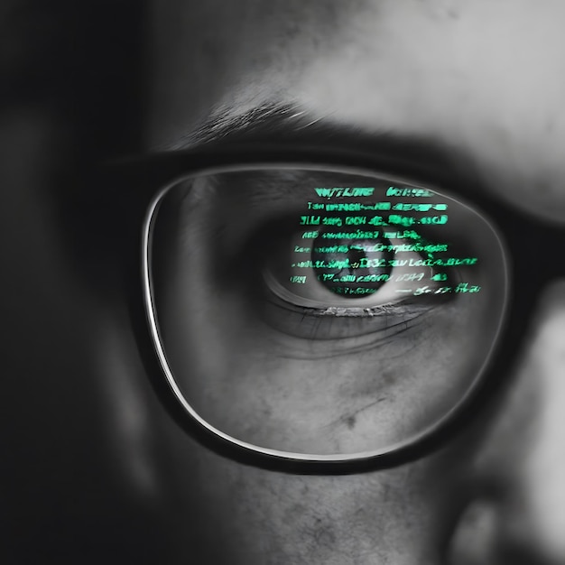 Closeup of Eyes and Glasses with Tech Reflection Cyber Security Concept