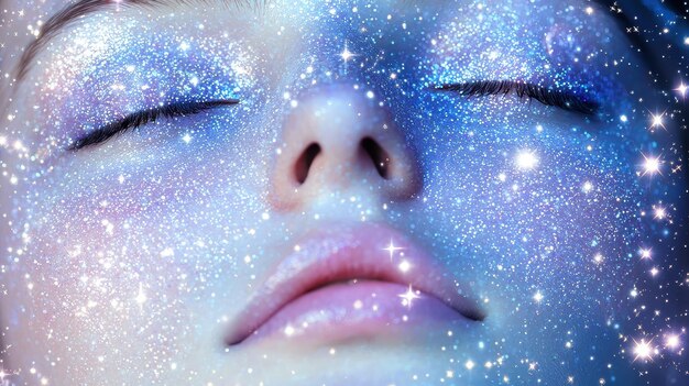 Photo closeup of eyes and lips covered in glitter with star like reflections