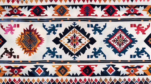 Closeup of a fabric with a colorful tribal pattern featuring geometric shapes and vibrant hues on a