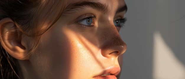 Photo a closeup of a face bathed in sunlight highlighting delicate freckles and the soft glow of youthful skin in intimate detail