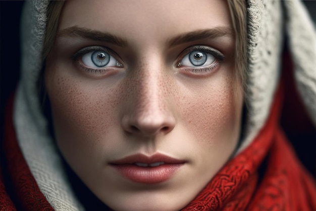 Closeup of the face of a beautiful woman with Nordic features and beautiful eyes Ai generated