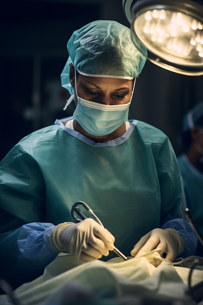 A closeup of the face of a female surgeon rescuing a patient