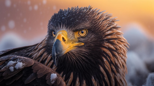 Closeup face of golden eagle's head and showing its brown and white plumage Generative AI