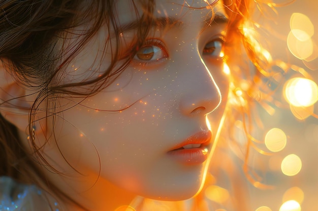 Photo closeup face shot of girl looking into sun with orange soft light futuristic oil painting style