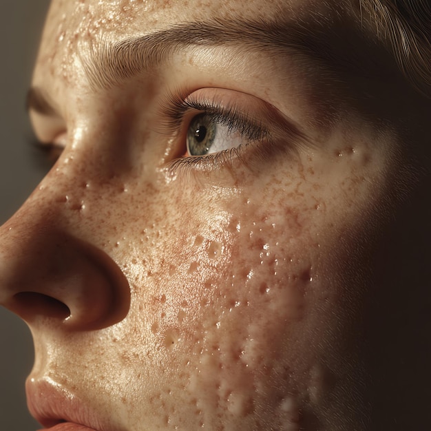 Closeup of a face with acne and oily skin capturing the texture and detail of a common skin acne