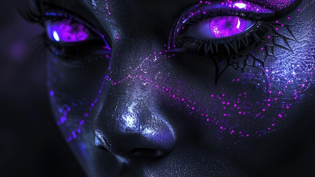 Photo closeup of a face with glowing purple eyes and neon makeup