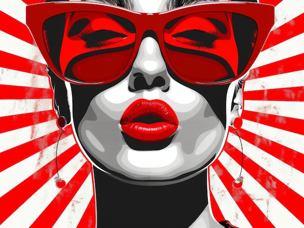 Photo a closeup of the face with solid color glasses with red lipstick and earrings