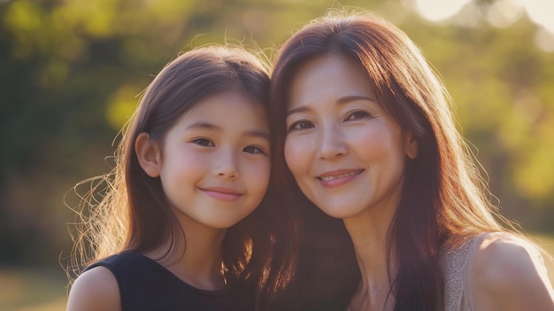 Photo closeup of faces facing the camera smiling mother and daughter elegant mother