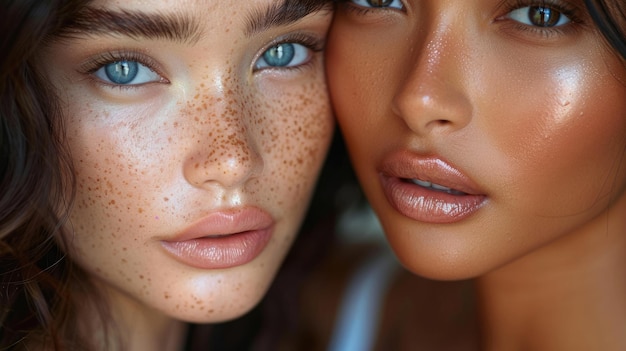 closeup the faces of two young female models close to each other with natural makeup and eyebrows