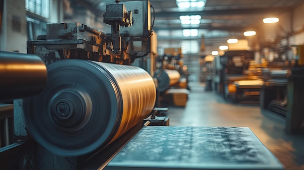 Photo closeup of a factory machine with a rotating roller