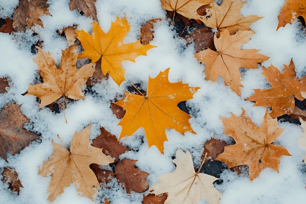 Closeup of fallen autumn leaves covered in fresh snow