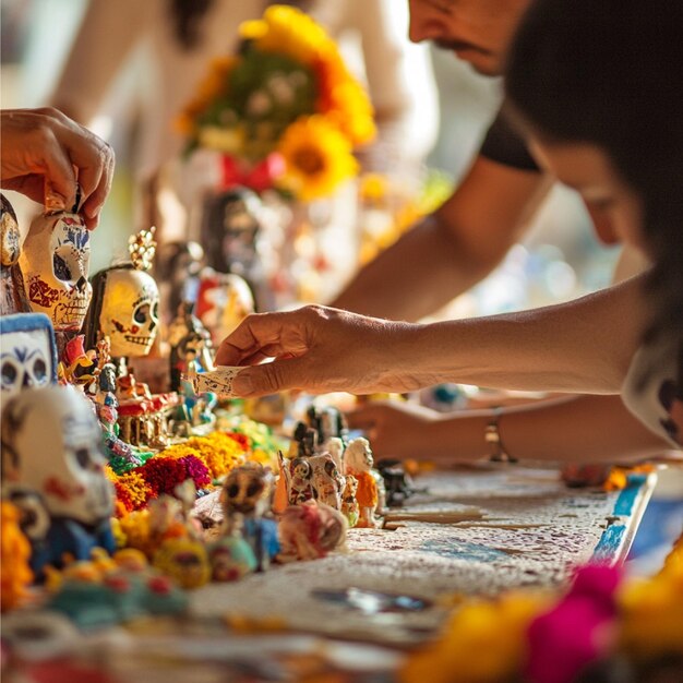 Photo a closeup of a family creating a personalized day of the dead altar including photographs memento