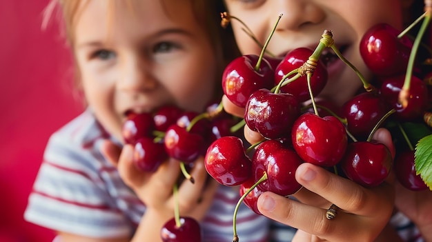 Photo closeup of a family enjoying cherries