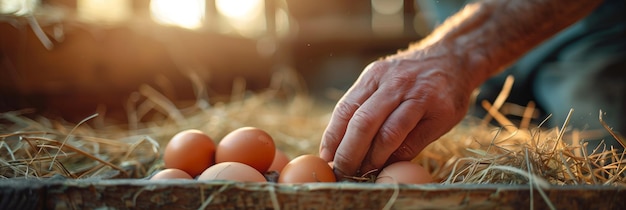 Photo closeup of farmers hands collecting fresh eggs on the farm