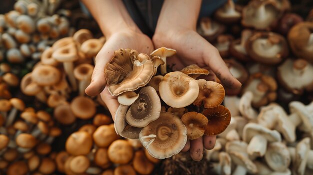 Closeup of a farmers hands holding fresh mushrooms Generated by artificial intelligence