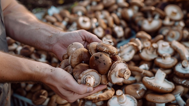 Closeup of a farmers hands holding fresh mushrooms Generated by artificial intelligence