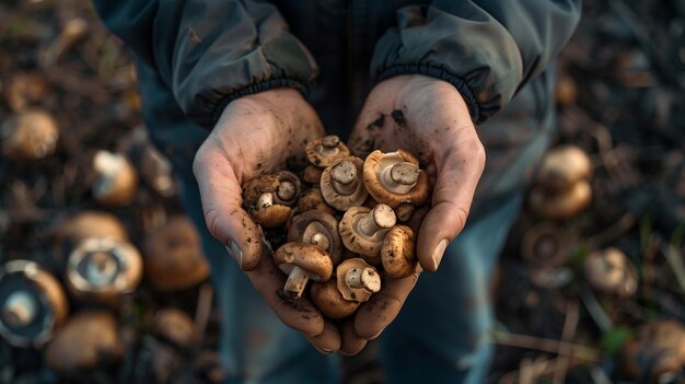 Closeup of a farmers hands holding fresh mushrooms Generated by artificial intelligence