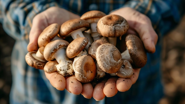 Closeup of a farmers hands holding fresh mushrooms Generated by artificial intelligence