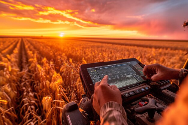 Closeup of farmers hands holding remote control in a wheat field under the light of setting sun