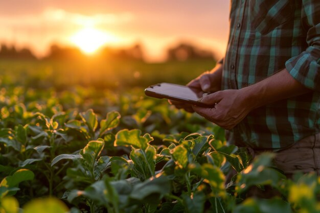 Closeup of farmers hands holding tablet in a corn field under the light of setting sun farmer uses