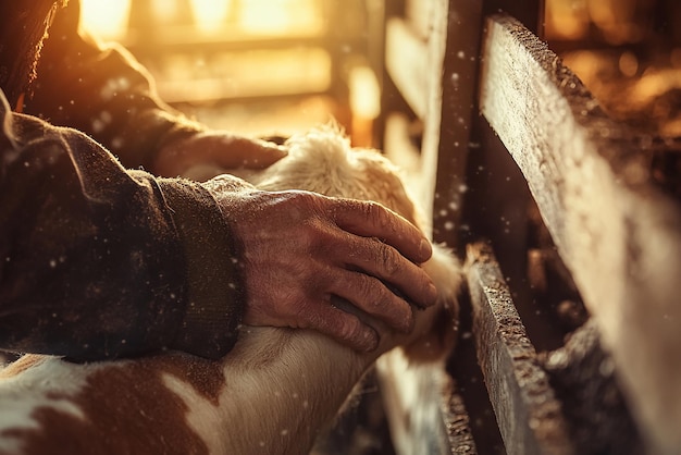 Photo closeup of farmers hands milking a cow in a traditional barn