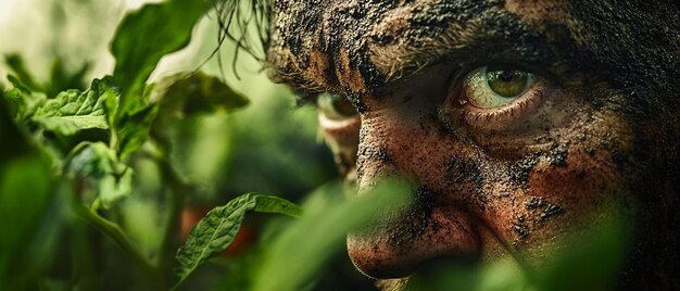 Photo closeup of a farmers weathered face covered in soil