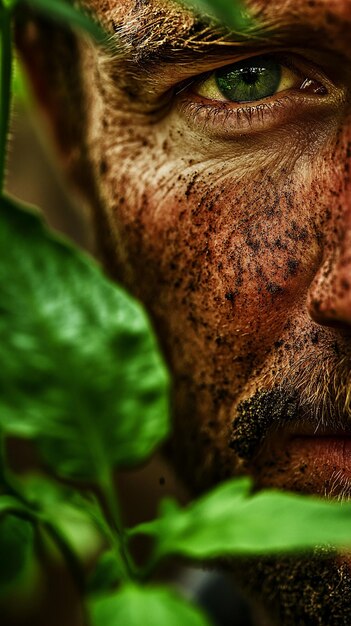 Photo closeup of a farmers weathered face covered in soil