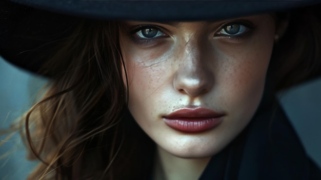 Closeup of a fashion model with a piercing gaze the brim of an elegant black hat casting a soft shadow accentuating the mystery in her eyes