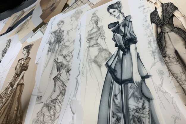 Closeup of fashion sketches with details visible created with generative ai