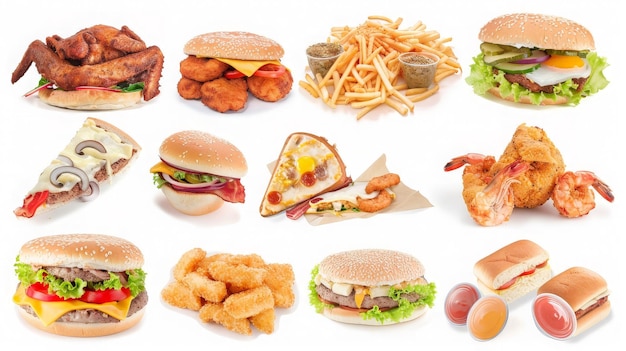 Closeup of fast foods All Fast Food collection set isolated on white background generative ai