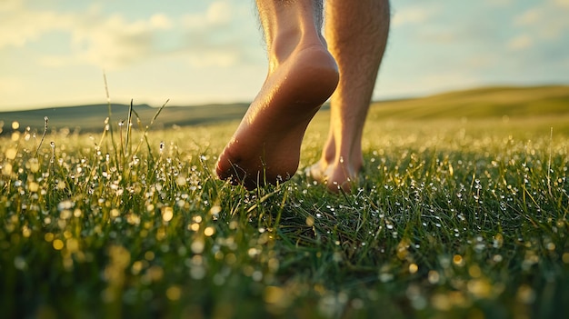 Photo a closeup of feet walking on dewkissed grass the grass bending underfoot the background a serene open meadow with distant hills evoking a sense of tranquility and natural freedom