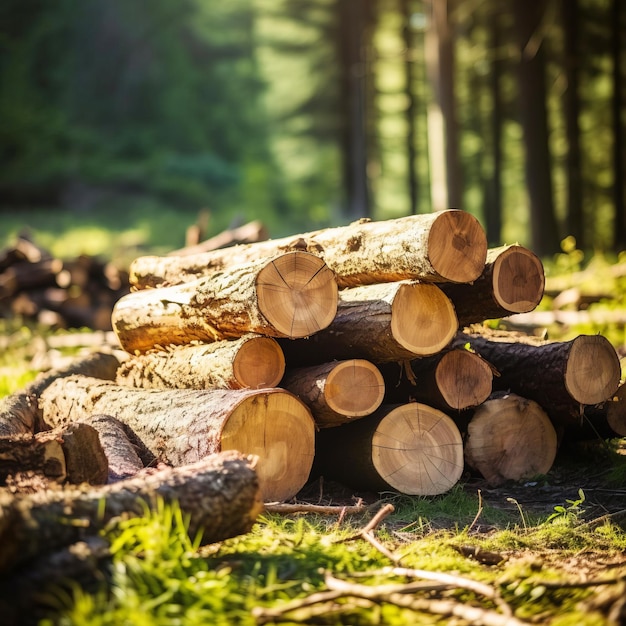 Closeup felled and sawn tree trunks stacked on the outskirts of the forest The concept of forest con