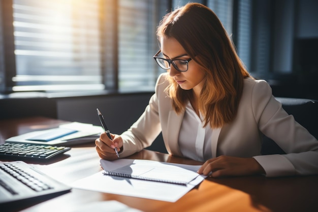 Photo closeup of female accountant working with documents at table in office